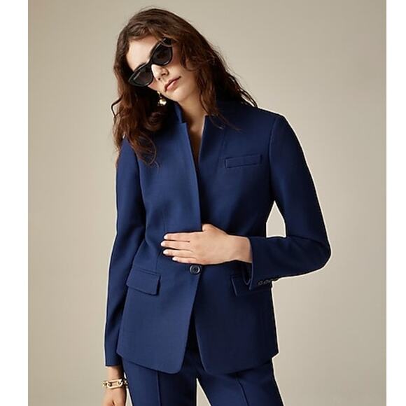 J Crew Regent‎ Blazer Navy Blue Stretch Notch Collar Button Front Sz 4 TALL - Picture 1 of 12
